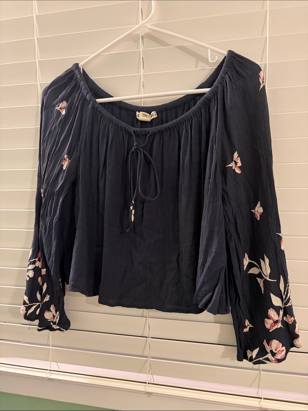 Billabong Navy Off-Shoulder Peasant Top with Pink Floral Embroidery